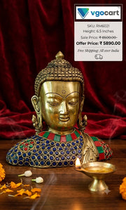 Premium Brass Gemstone Buddha Statue | Sacred Zen Murti with Intricate Stone Inlay for Vastu & Meditation