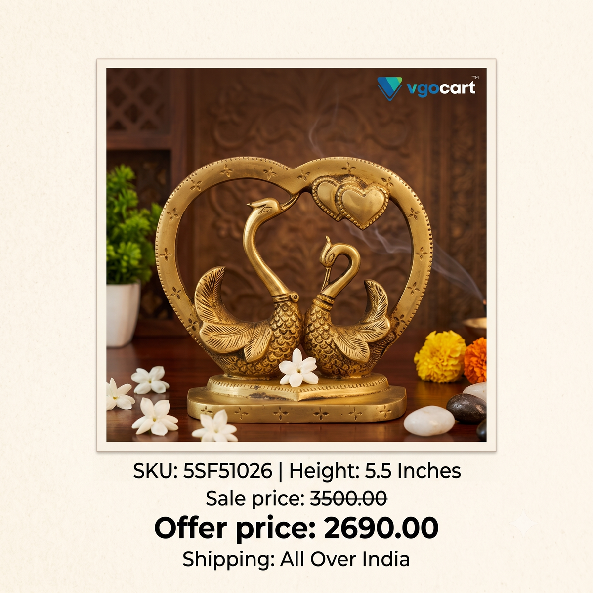 Premium Brass Heart Love Annam Showpiece | Elegant Mythological Swan Decor for Romance & Vastu