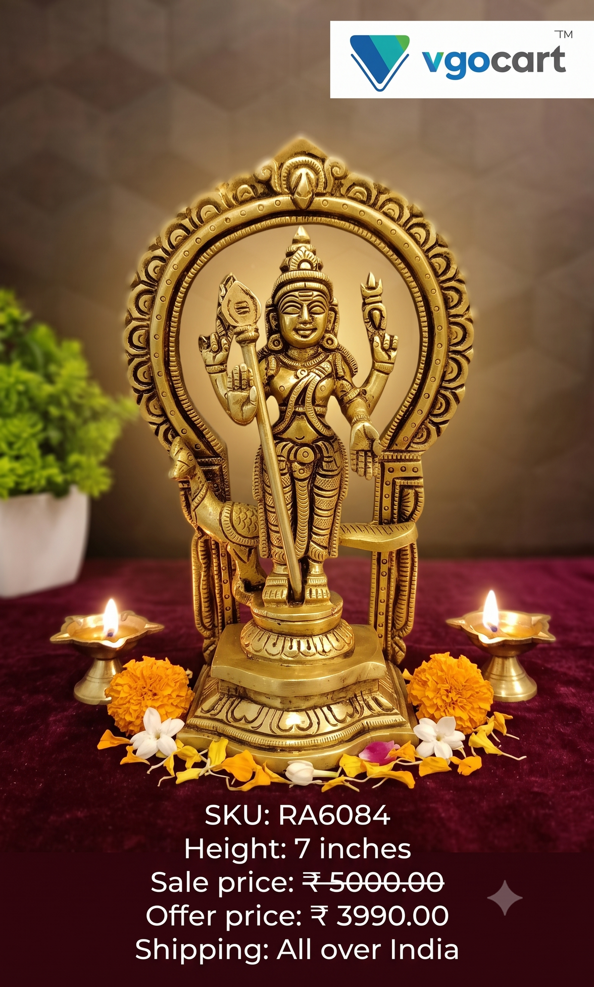 Premium Fine Art Brass Lord Murugan with Majestic Thiruvachi | Divine Kartikeya Statue for Vastu, Victory & Temple-Grade Decor