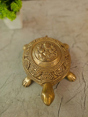 Handcrafted Brass Tortoise with Lord Ganesha Idol | Vastu & Feng Shui Lucky Charm for Wealth, Success & Home Decor