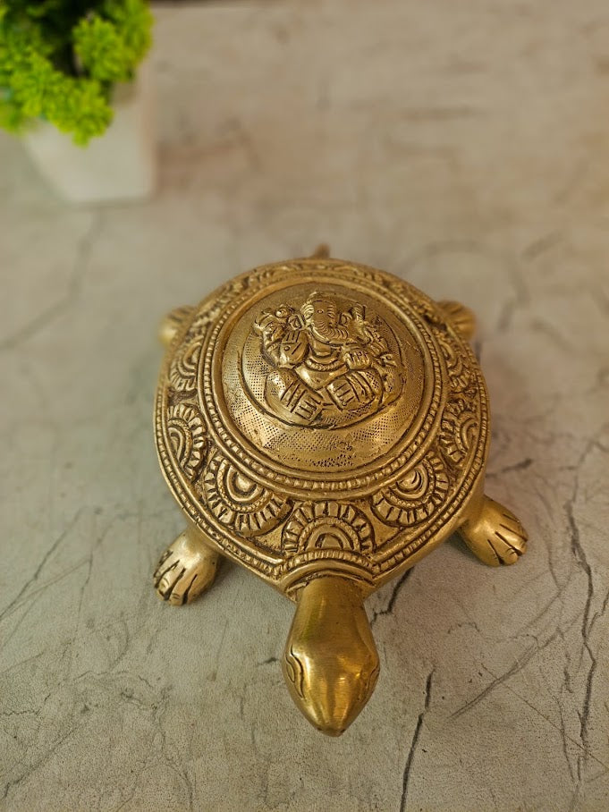 Handcrafted Brass Tortoise with Lord Ganesha Idol | Vastu & Feng Shui Lucky Charm for Wealth, Success & Home Decor