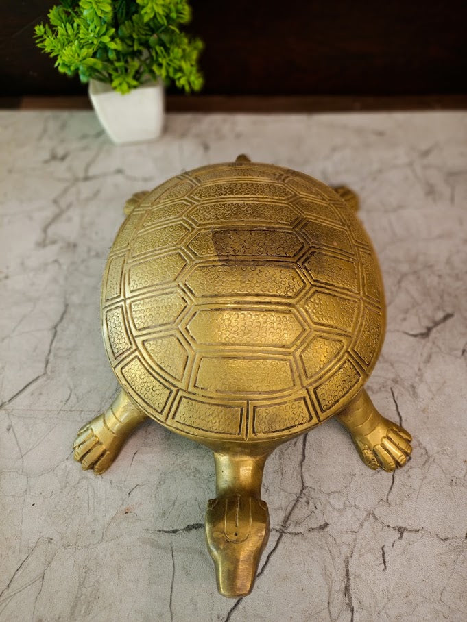 Sacred Brass Vastu Tortoise | Engraved Antique Kurma Sculpture for Wealth & Longevity Decor