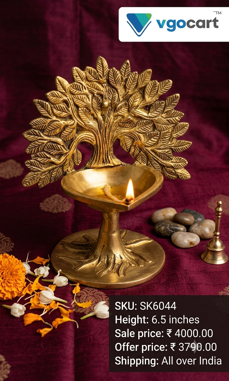 Premium Brass Single Face Tree Diya | Elegant Tree of Life Oil Lamp for Pooja & Vastu