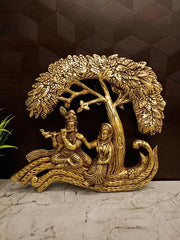 Premium Brass Radha Krishna Under Tree Wall Mount | Divine Eternal Love Hanging Relief for Vastu & Luxury Living Decor