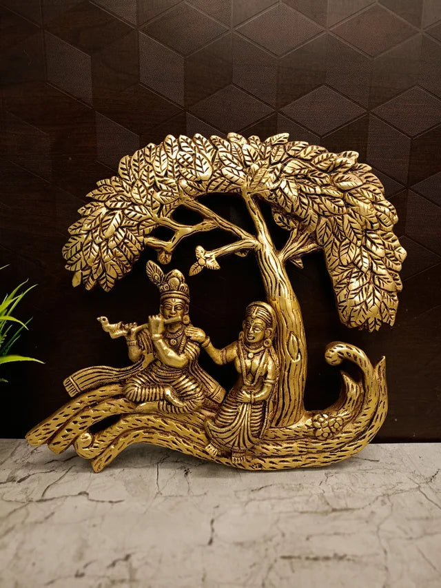 Premium Brass Radha Krishna Under Tree Wall Mount | Divine Eternal Love Hanging Relief for Vastu & Luxury Living Decor