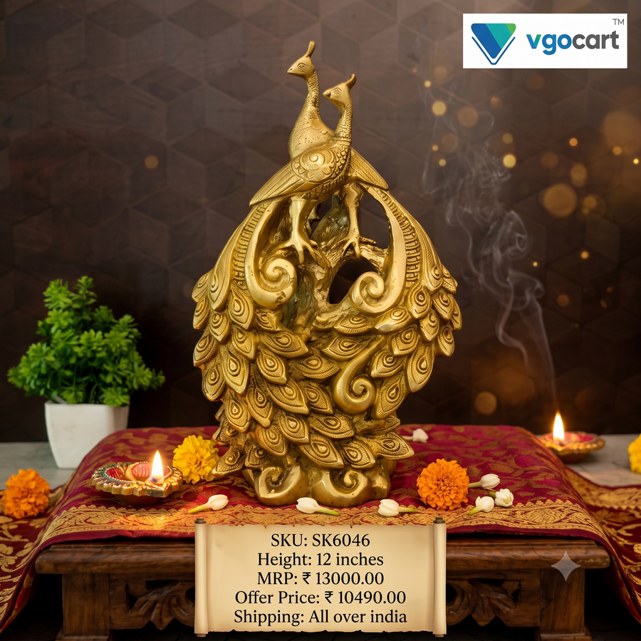 Premium Brass Pair of Peacocks on Branches | Elegant Twin Mayil Figurine for Vastu Harmony & Home Decor