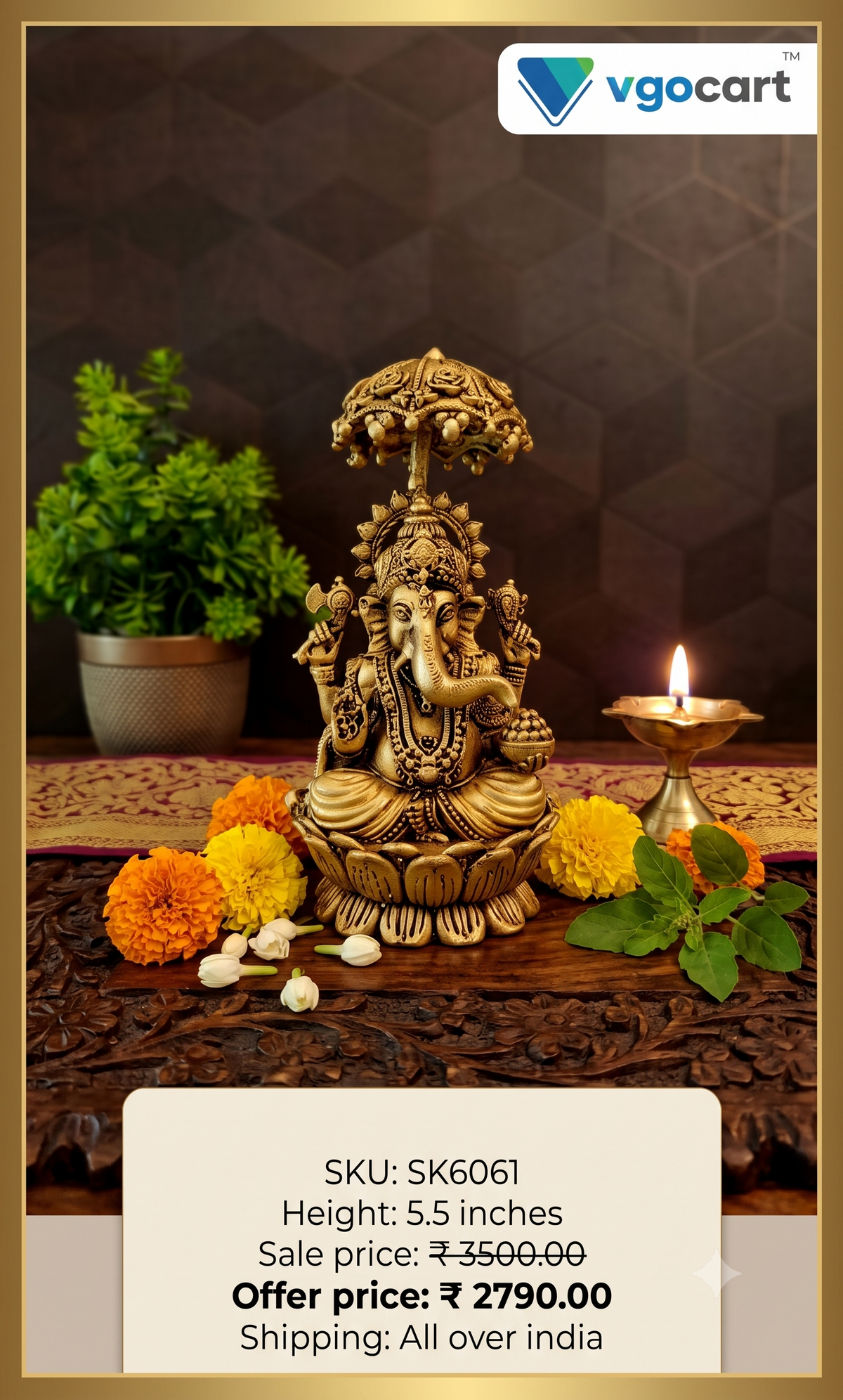 Premium Brass Fine Art Umbrella Ganesha Idol | Protective Chattra Ganapati for Vastu & Home Decor