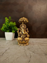 Premium Brass Fine Art Umbrella Ganesha Idol | Protective Chattra Ganapati for Vastu & Home Decor