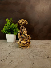 Premium Brass Fine Art Umbrella Ganesha Idol | Protective Chattra Ganapati for Vastu & Home Decor