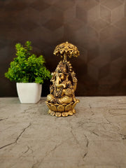 Premium Brass Fine Art Umbrella Ganesha Idol | Protective Chattra Ganapati for Vastu & Home Decor