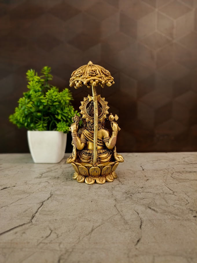 Premium Brass Fine Art Umbrella Ganesha Idol | Protective Chattra Ganapati for Vastu & Home Decor