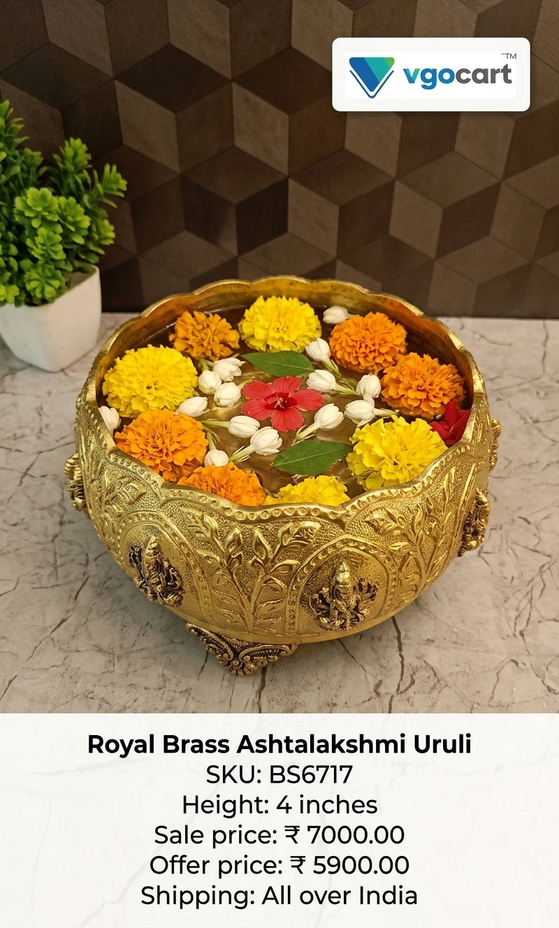 Premium Brass Ashtalakshmi Uruli | Royal Traditional Water Bowl for Entryway Decor & Vastu Prosperity