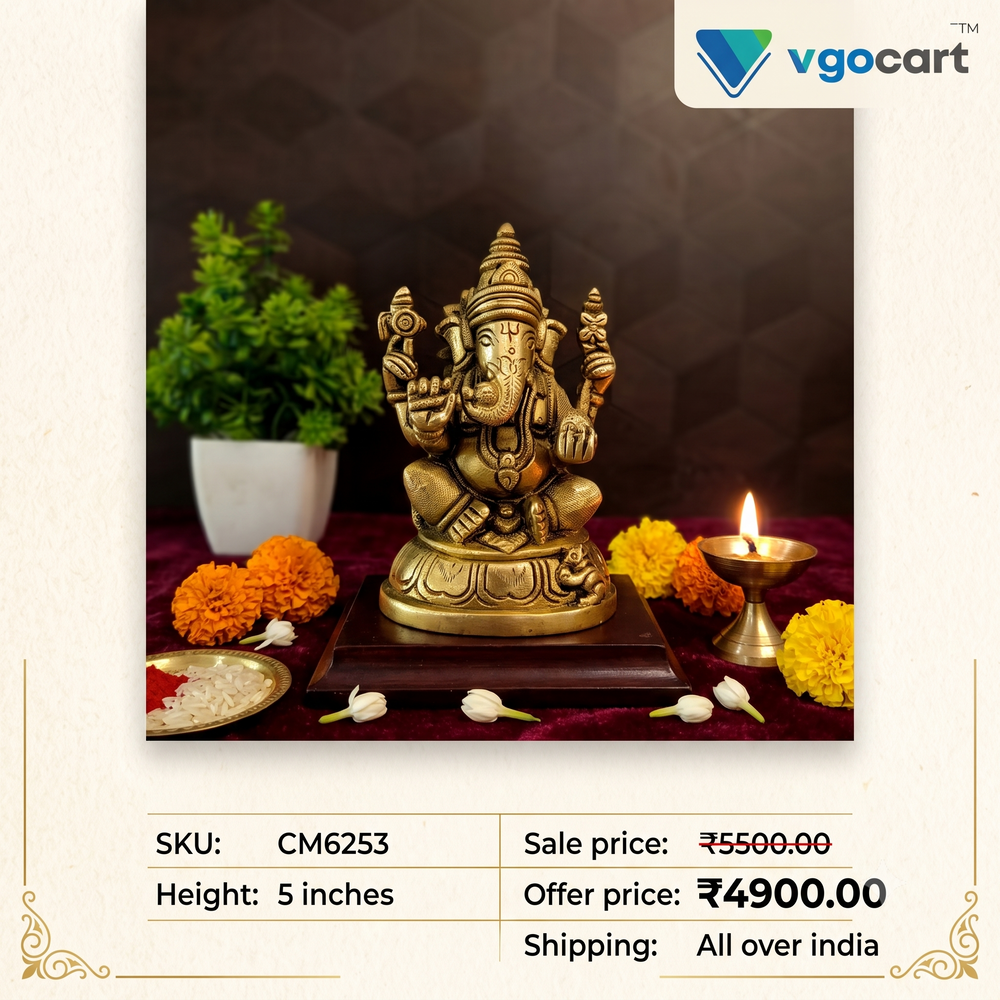 Premium Brass Valampuri Ganesha on Oval Base | Right-Trunk Dakshinabhimukhi Idol for Vastu & Daily Pooja