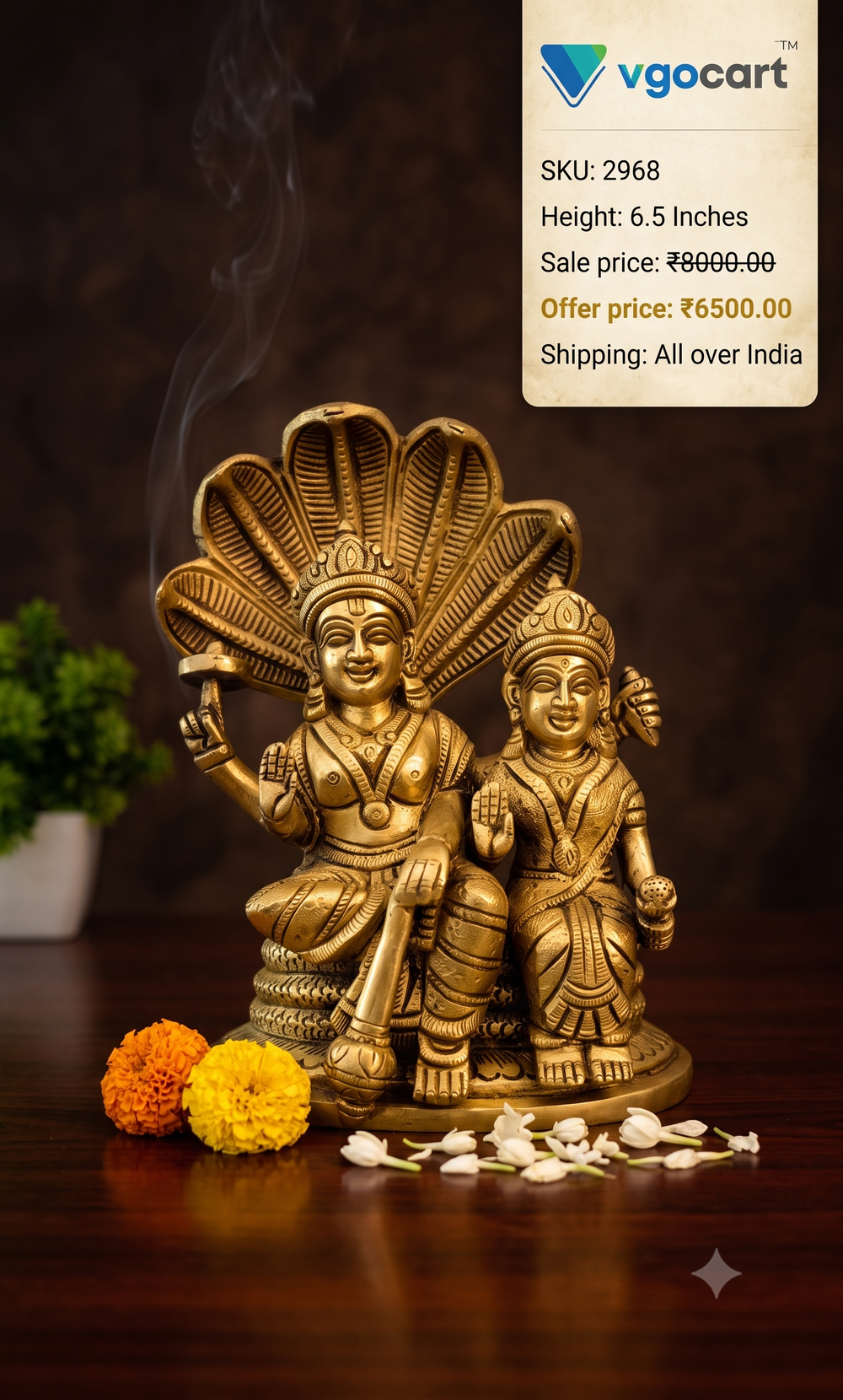 Handcrafted Brass Vishnu Lakshmi on Sheshnag | Maha Vishnu Idol on Snake for Vastu