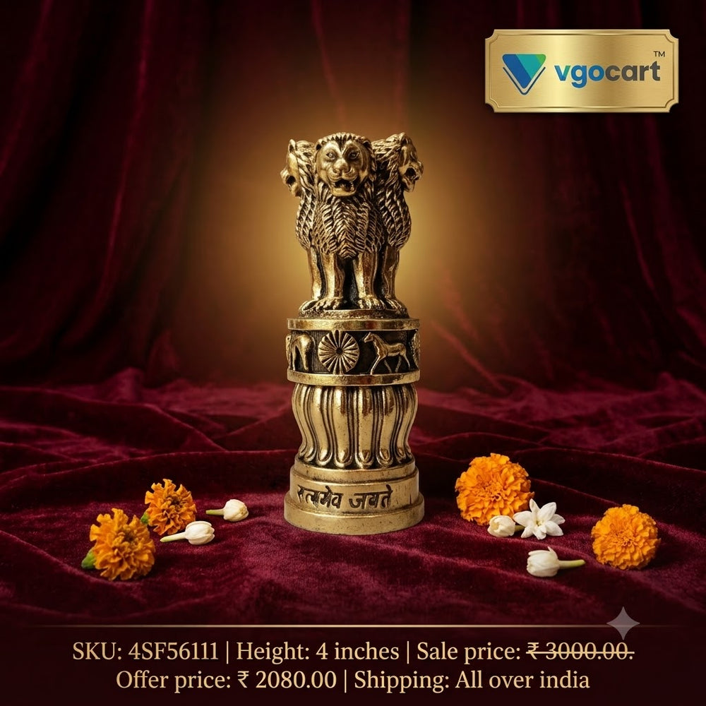 Premium Fine Art Brass Ashoka Pillar | Majestic Lion Capital Emblem for Executive Decor & Vastu Authority