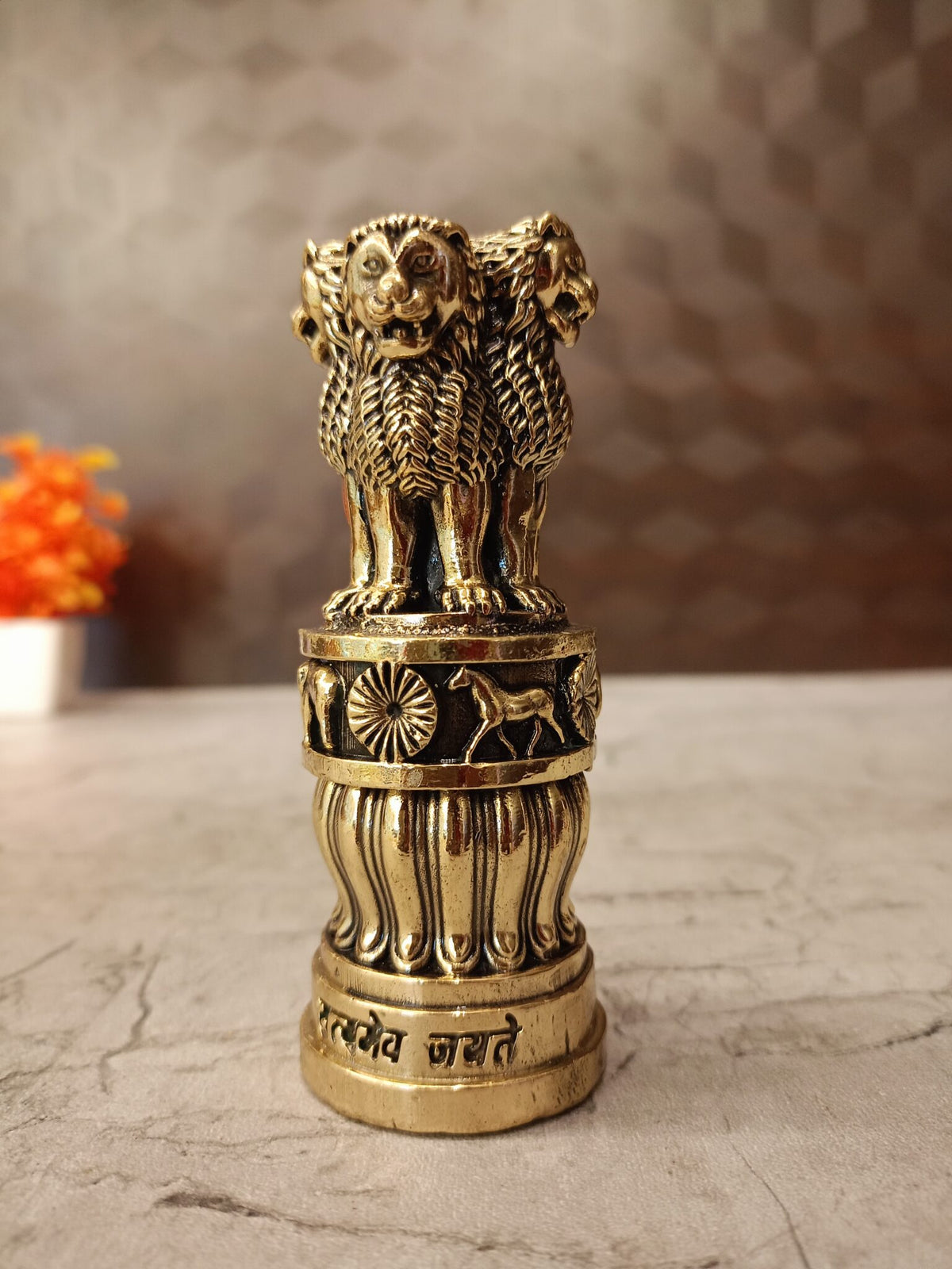 Premium Fine Art Brass Ashoka Pillar | Majestic Lion Capital Emblem for Executive Decor & Vastu Authority