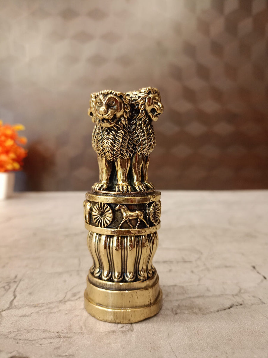 Premium Fine Art Brass Ashoka Pillar | Majestic Lion Capital Emblem for Executive Decor & Vastu Authority