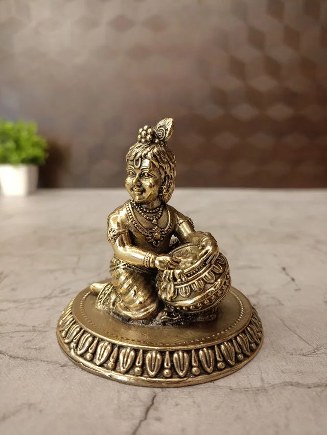 Premium Fine Art Brass Vennai Krishna Idol | Majestic Navaneetha Bal Gopal for Vastu, Abundance & Heritage Decor