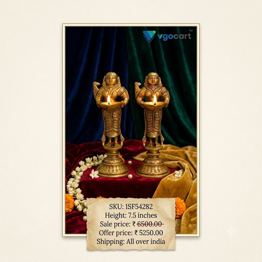 Authentic Brass Paavai Vilakku Pair | Traditional Deepalakshmi Diya Set for Vastu & South Indian Entryway Decor