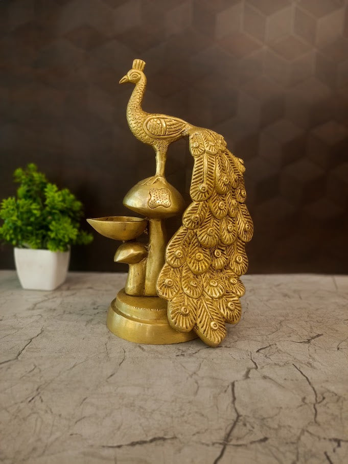 Premium Brass Peacock on Mushroom Diya | Elegant Mayur Oil Lamp for Vastu & Festive Decor