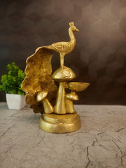 Premium Brass Peacock on Mushroom Diya | Elegant Mayur Oil Lamp for Vastu & Festive Decor