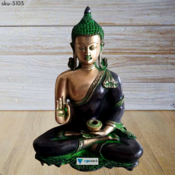 Brass Green Meditating Blessing Buddha Antique Idol