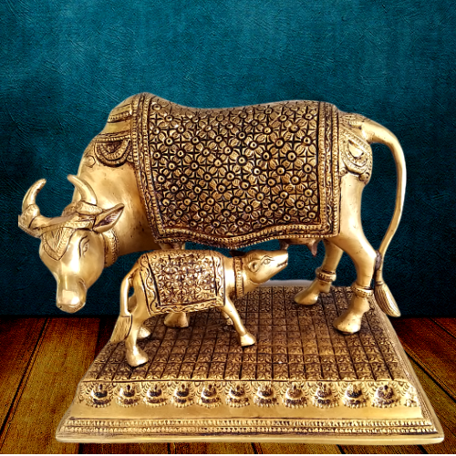 Brass Kamadhenu Cow Calf Idol