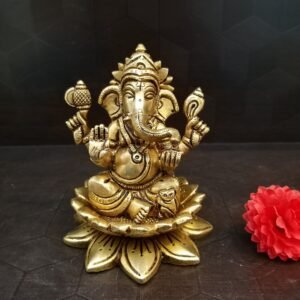 Brass Ganesha Sitting on Lotus Base Idol