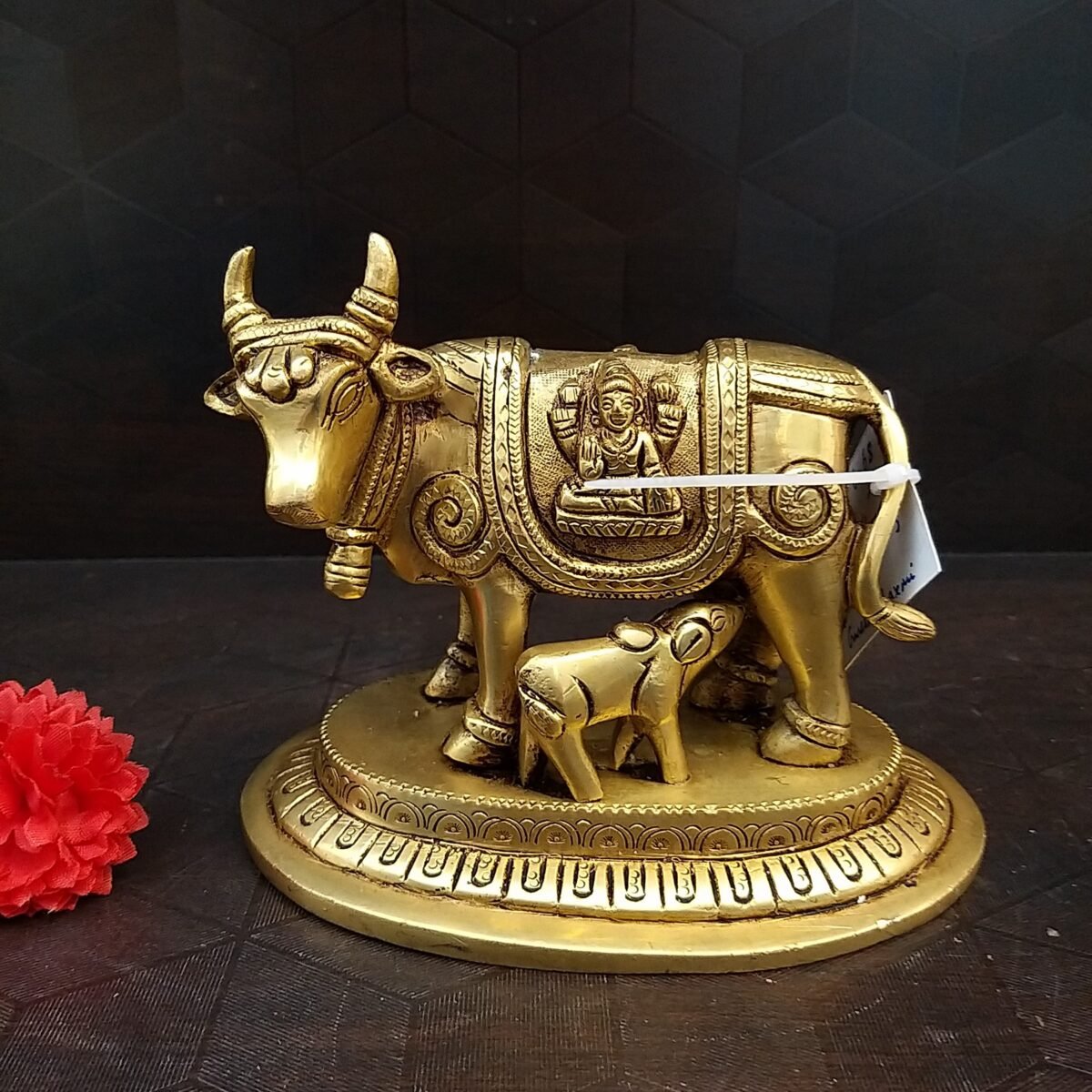 Brass Gomatha with Ganesha and Lakshmi idol
