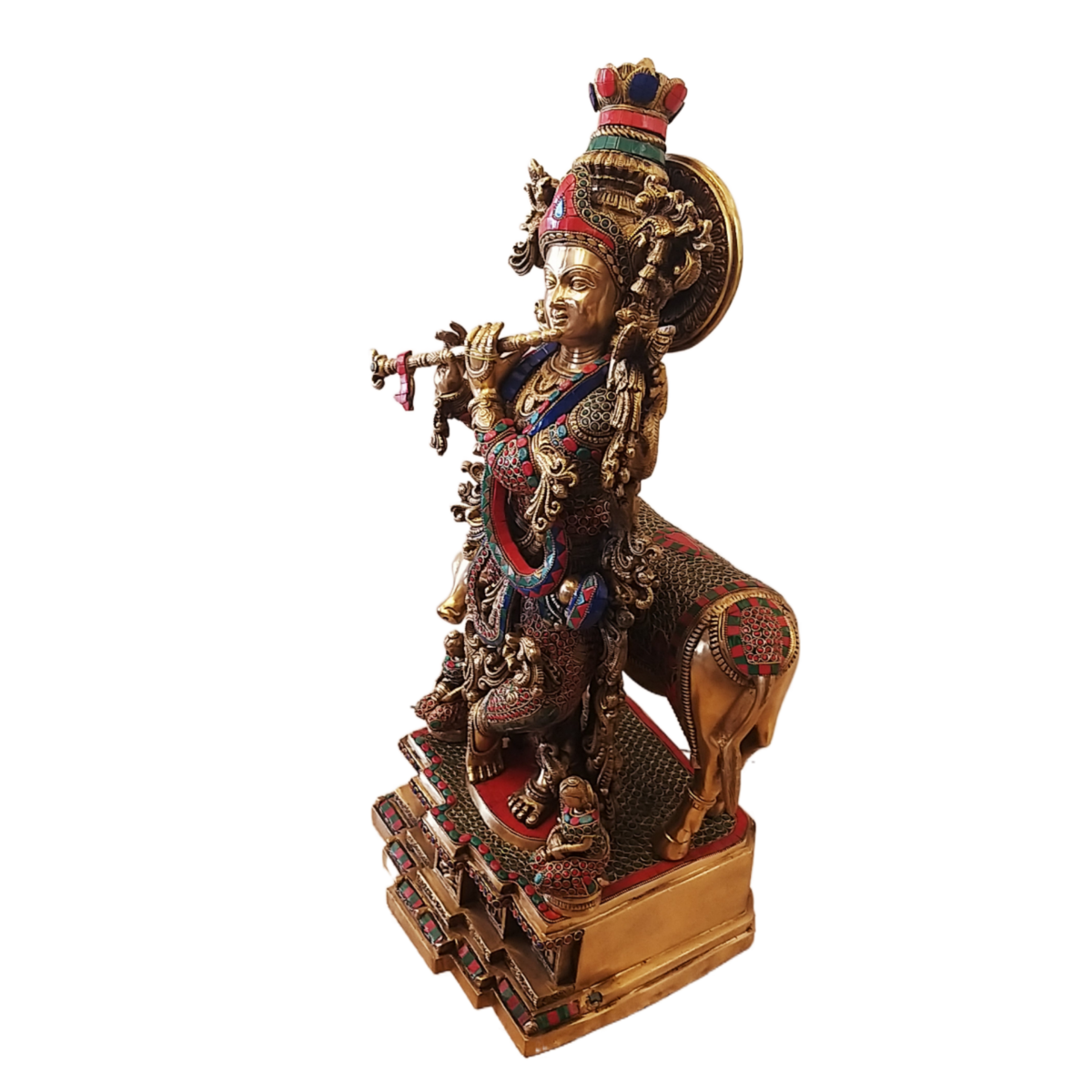 brass cow krishna with stone home decor showpiece hindu god idols gift buy online india 2