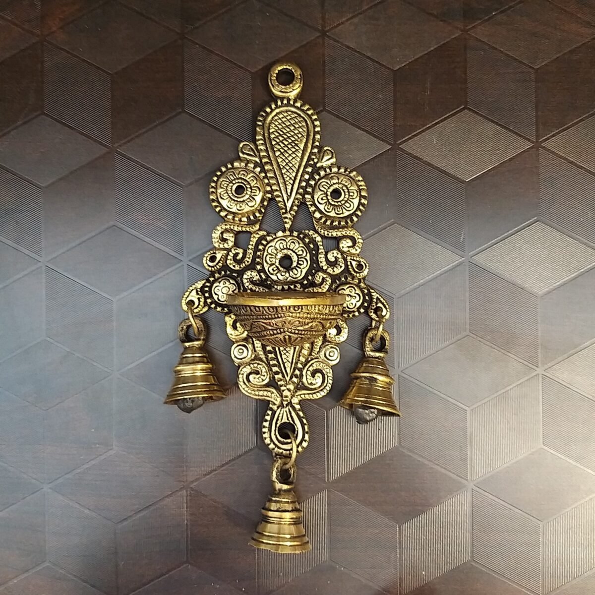 brass designer wall hanging diya with three bell home decor pooja items gift buy online india