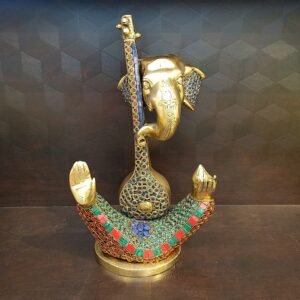 Brass Modern Stone Ganesha Playing Veena