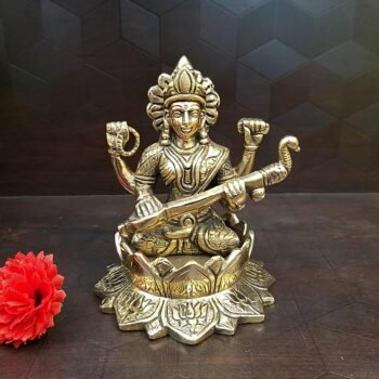 Brass Goddess Saraswathi On Lotus Statue