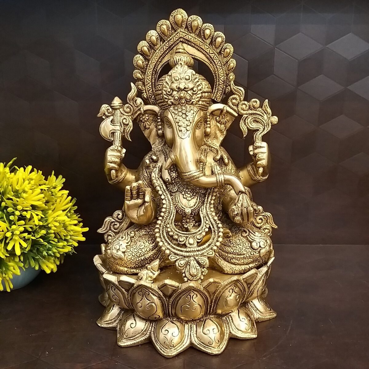 Brass Ganesha Murti Antique On Lotus Statue Small