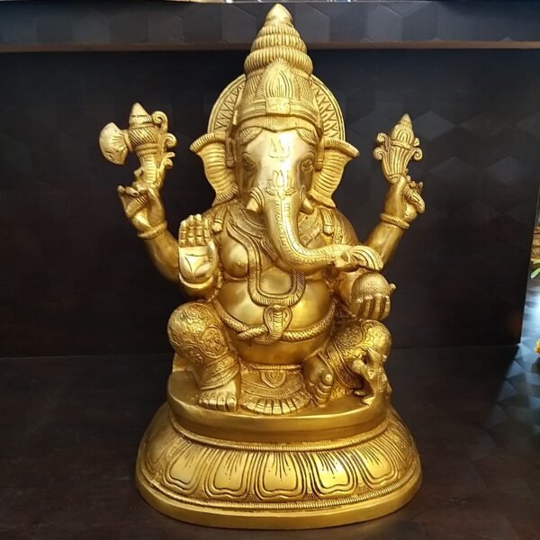 Brass Ganesha on Base Golden Finish Statue