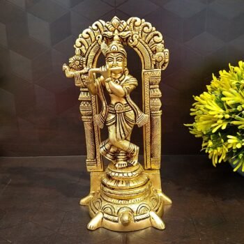 Brass Krishna with Arch Standing on Tortoise Idol