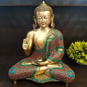 Brass Stone Work Blessing Buddha Idol with Small Base