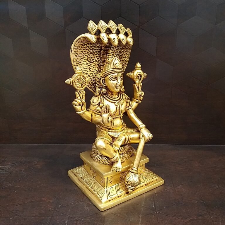 Brass Sitting Lord Vishnu With Snake Idol- 9.5