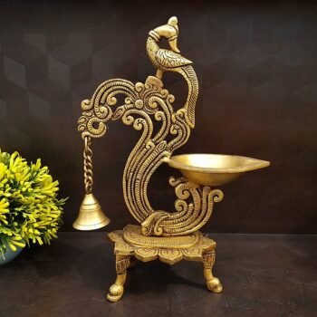 Brass Diya With Bell In Flower Base Idol