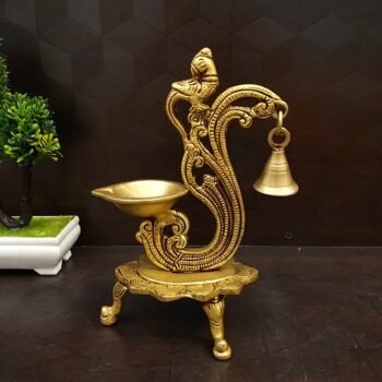 Brass Diya With Bell and Flower Designer Base Small Idol