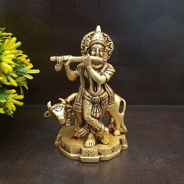Small Krishna and Cow Brass Statue for Home Decor