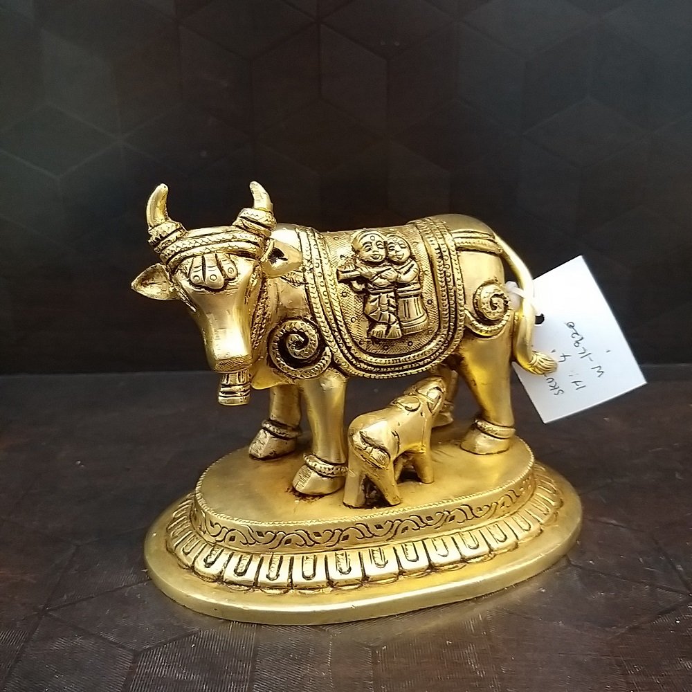 Brass Cow and Calf with Radha Krishna Idol- 4
