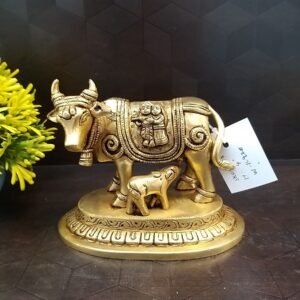 Brass Cow and Calf with Radha Krishna Idol