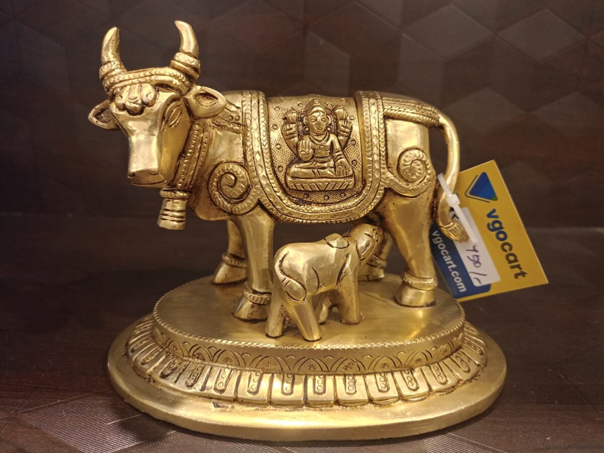 Brass Gomatha with Ganesha and Lakshmi idol