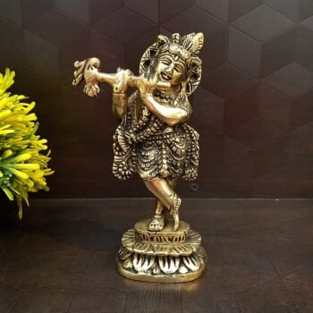 Brass Krishna Standing on Lotus Base Antique Idol