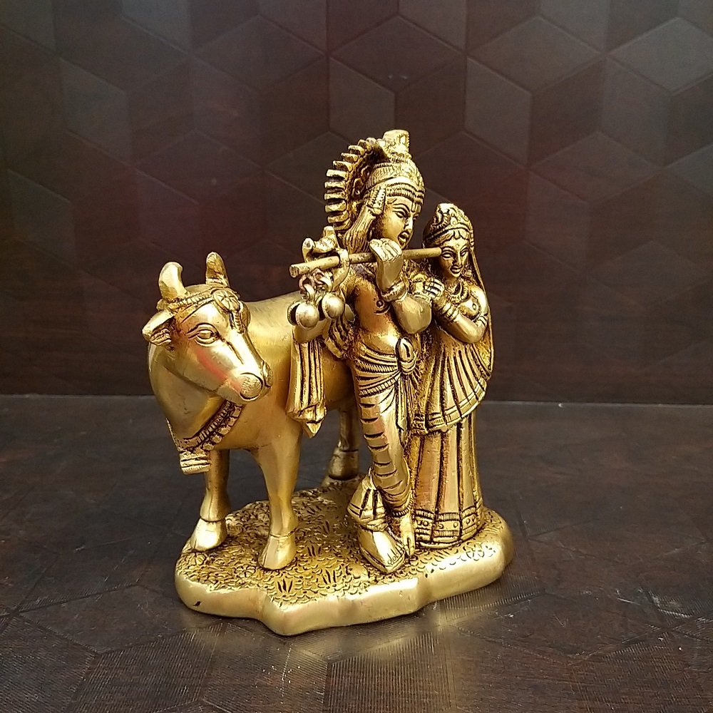 Brass Radha Krishna with Cow Idol- 7