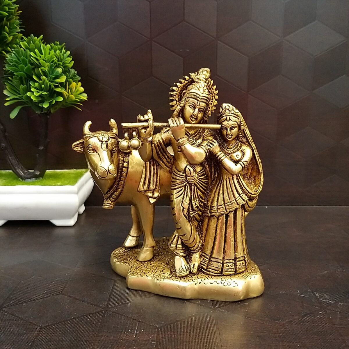 Brass Radha Krishna with Cow Idol