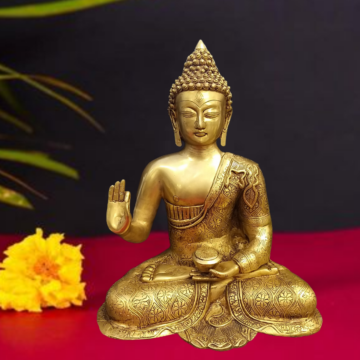 Meditating Brass Buddha Idol Yellow Finish