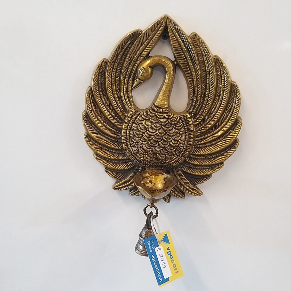 Brass Wall Hanging Peacock with Diya and Bell Antique Finish Idol
