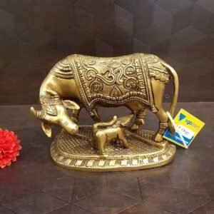Brass Cow and Calf with Swastik Design Idol
